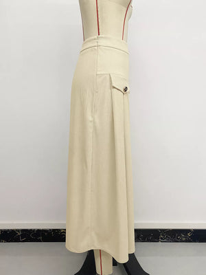 High Waist Pleated Midi Skirt in Khaki, fit detail