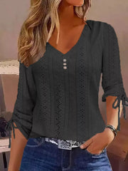 Full Size V-neck Eyelet Drawstring Sleeve Top in Pink, back view