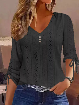 Full Size V-neck Eyelet Drawstring Sleeve Top in Pink, back view