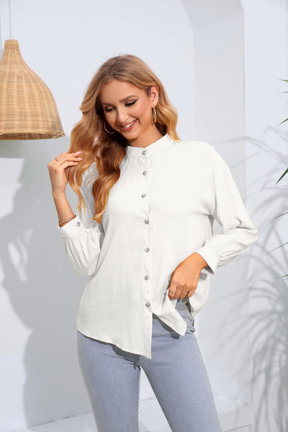 White mandarin collar blouse with button front and gathered sleeves