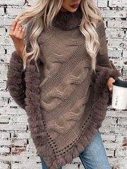Mocha cable knit poncho with faux fur trim and turtleneck.