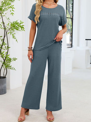 French blue waffle knit two-piece set with lace cutout detail on top and wide-leg pants