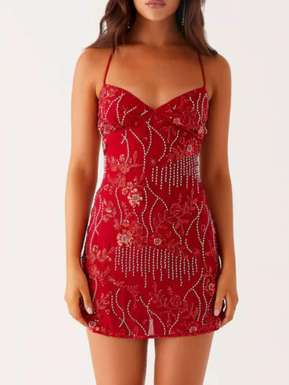Deep Red embellished floral mini dress with beaded fringe detail.