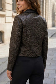 Leopard Print Cropped Faux Leather Jacket in Black, close-up detail