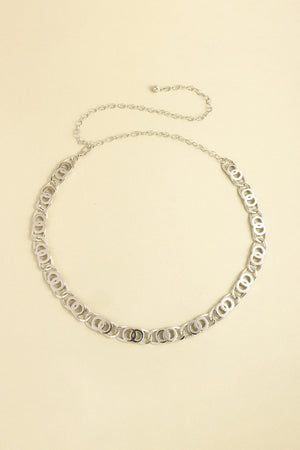 Silver chain belt with interlocking circle links and adjustable extender chain.