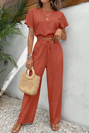 Rust textured crop top and wide-leg trousers set with drawstring waist