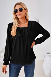 Black jersey top with gathered square neckline and long sleeves