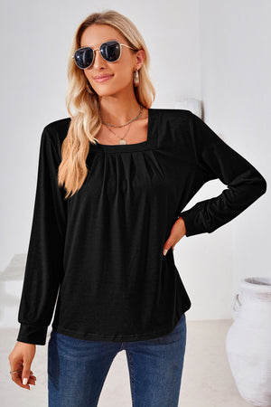Black jersey top with gathered square neckline and long sleeves