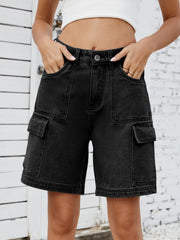 Black denim Bermuda cargo shorts with utility pockets and contrast stitching.