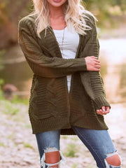 Army green textured cable knit duster cardigan with open front and long sleeves.