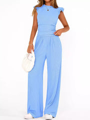 Sky blue ruffled cap sleeve maternity set with ruched waist and wide leg pants.