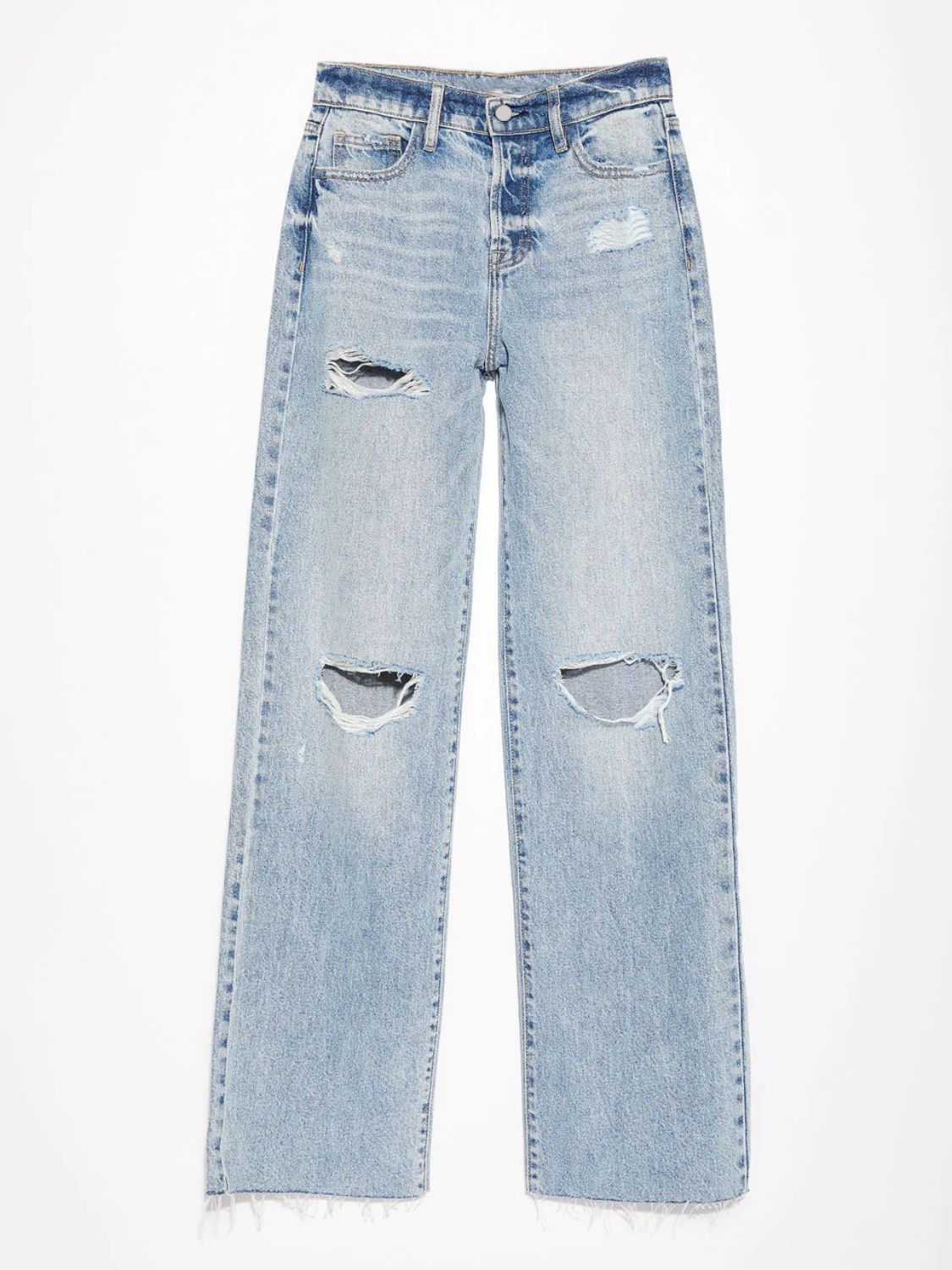 Light wash denim wide leg jeans with distressed knee rips and frayed hem