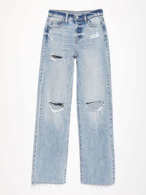 Light wash denim wide leg jeans with distressed knee rips and frayed hem
