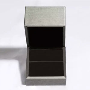 Brilliant Moissanite Sterling Ring gift box, open, grey exterior, black interior.
