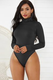 Black long sleeve turtleneck thong bodysuit with a smooth finish.