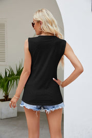 Black perforated knit tank top with embroidered trim detail