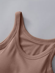 Ribbed knit tank top in Khaki with built-in bra and scoop neckline.