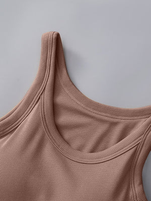 Ribbed knit tank top in Khaki with built-in bra and scoop neckline.