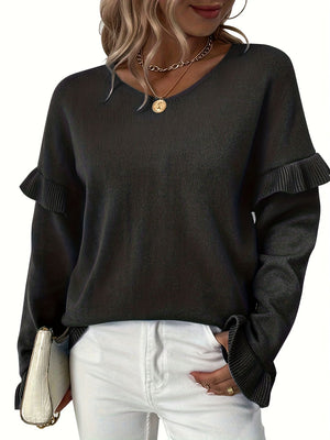 Black knit v-neck pullover sweater with ruffled sleeves and cuffs.