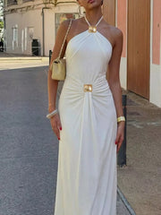 White halter neck ruched maxi dress with gold hardware detail