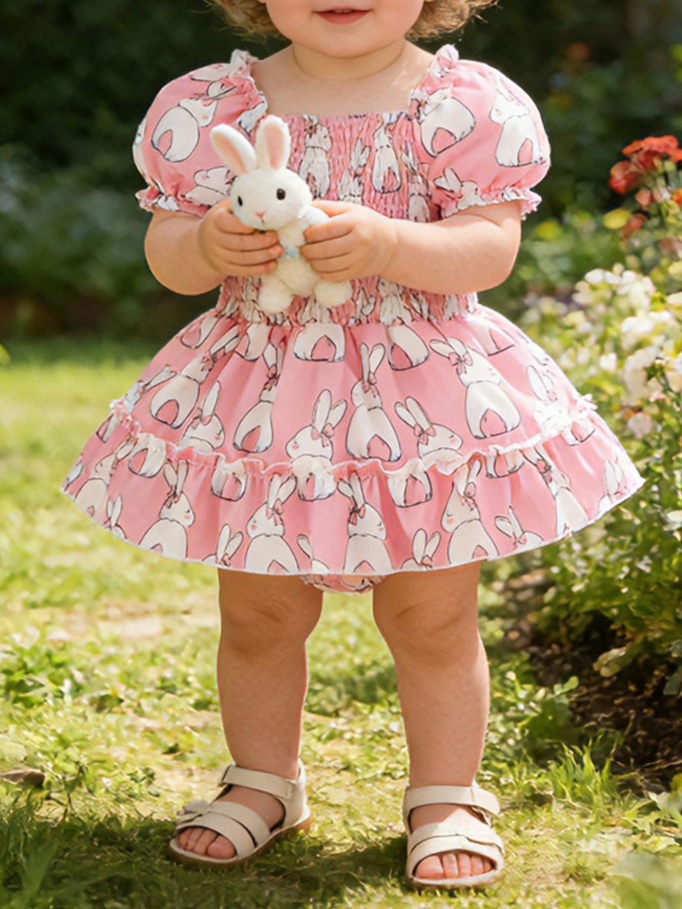 Pink bunny print baby dress with smocked bodice and ruffled hem, puff sleeves.