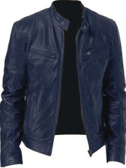 Dark blue faux leather biker jacket for men with zip pockets and stand collar.