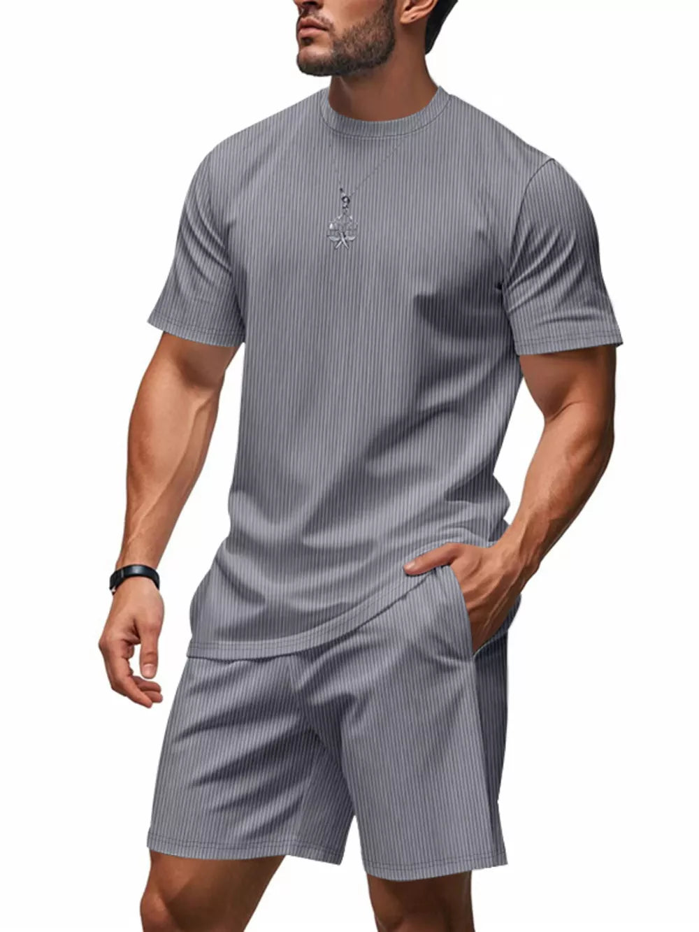 Men's light gray striped two-piece set with crew neck t-shirt and shorts.