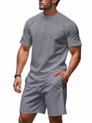 Men's light gray striped two-piece set with crew neck t-shirt and shorts.