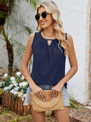 Navy perforated keyhole tank top with a gathered neckline.