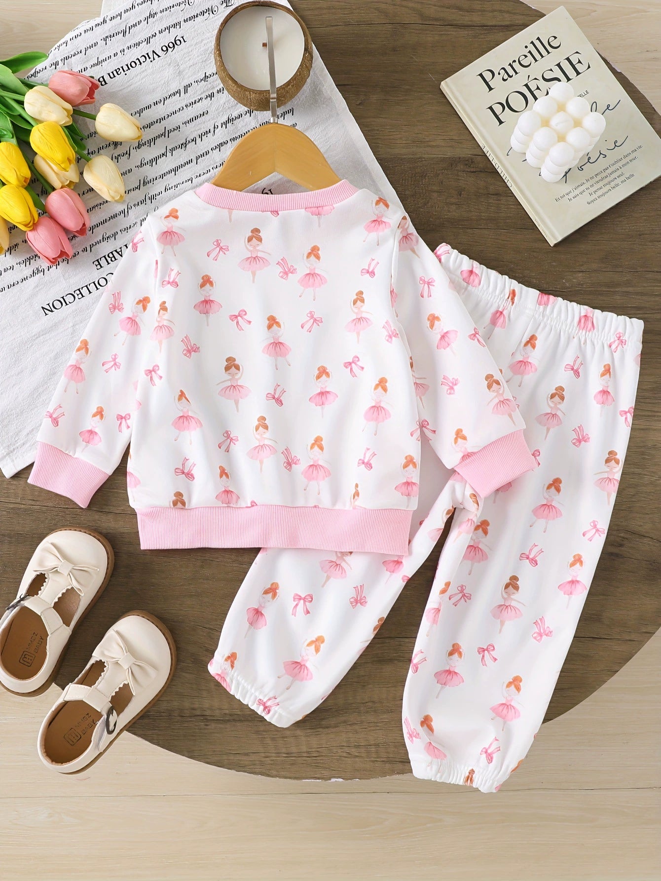 Baby girl's pink ballerina print long sleeve tee and pants set with pink trim