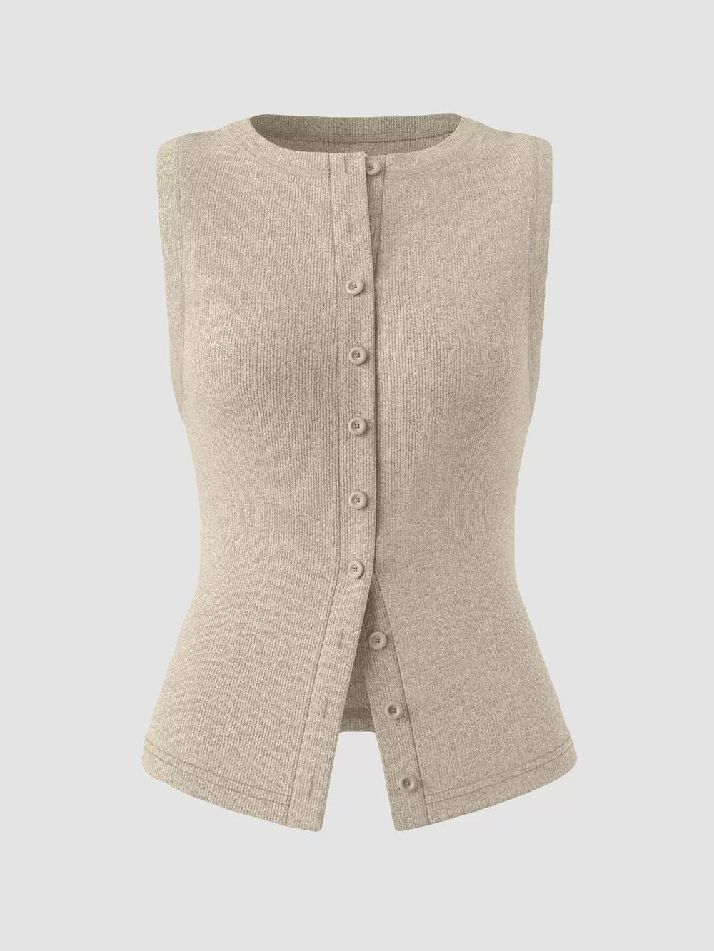 Khaki ribbed button-front fitted tank top with a crew neck and sleeveless design.