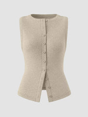 Khaki ribbed button-front fitted tank top with a crew neck and sleeveless design.