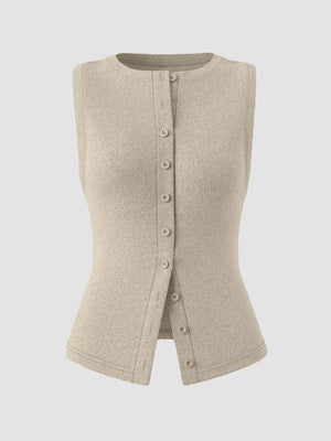 Khaki ribbed button-front fitted tank top with a crew neck and sleeveless design.
