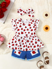 Baby girls' white ruffled top with ladybug print and denim shorts, includes matching headband.