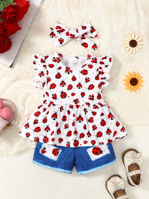 Baby girls' white ruffled top with ladybug print and denim shorts, includes matching headband.