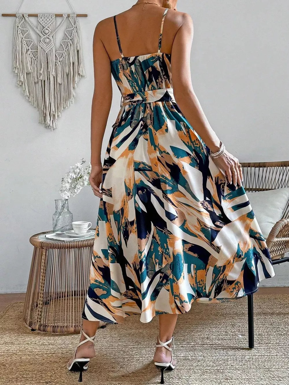 Belted cami midi dress with abstract print in fuchsia, green, and teal.