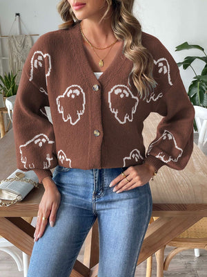 Brown ghost motif balloon sleeve cardigan with button front