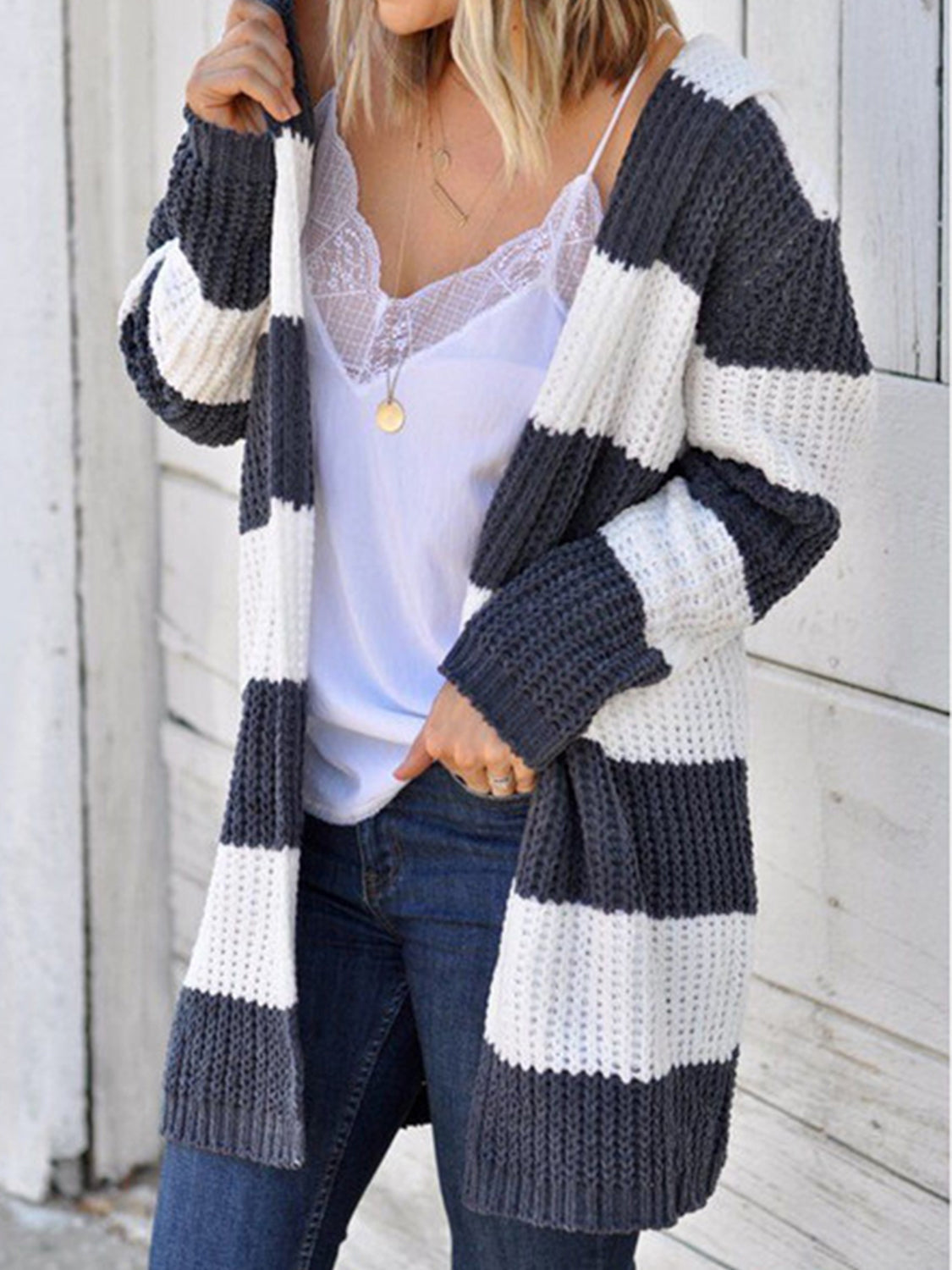 Chunky stripe hooded knit cardigan in white and grey, open front, long sleeve.