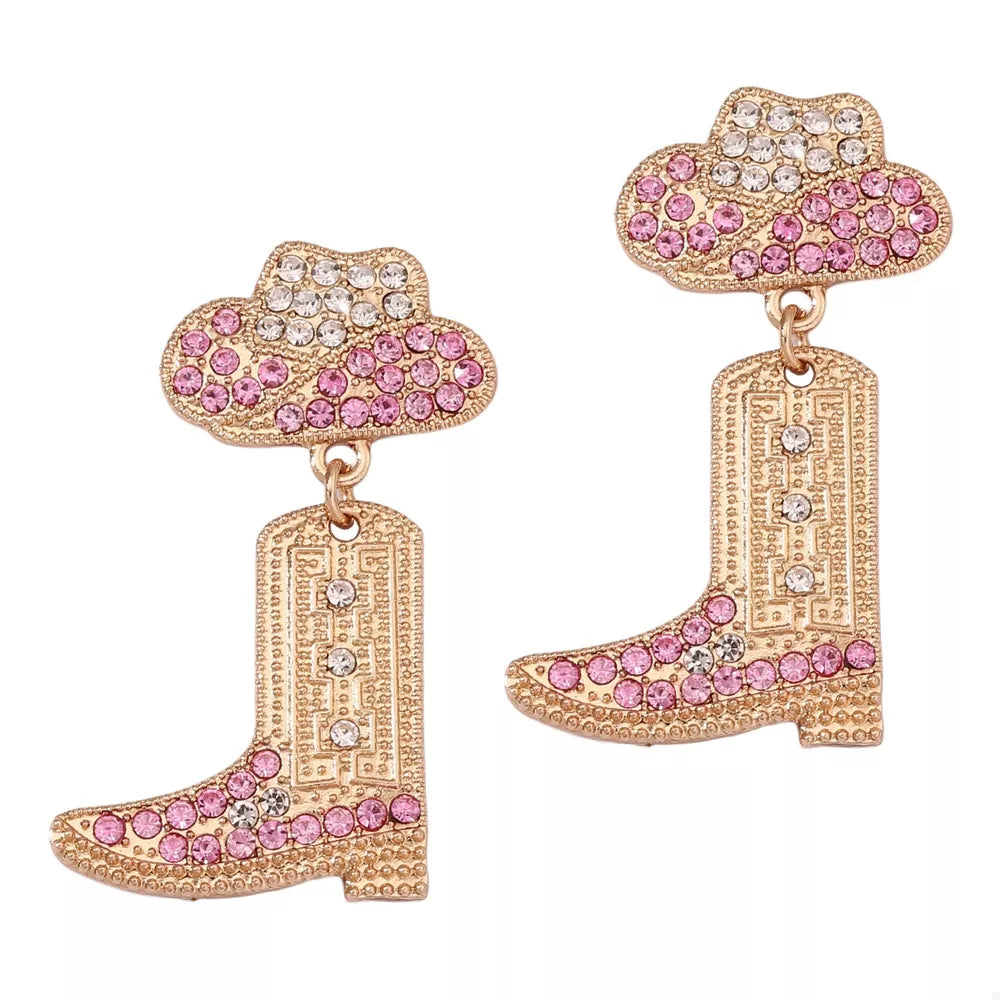 Pink and white rhinestone cowboy boot dangle earrings with gold tone metal.