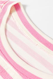Pink and white striped loungewear set, waffle knit fabric, crew neck detail
