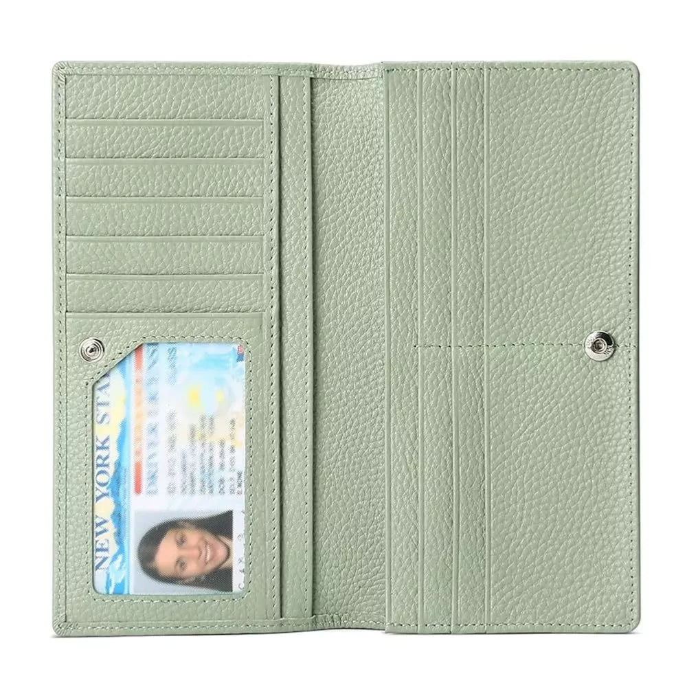 Sleek pebbled leather long wallet in Gum Leaf with ID window and card slots.