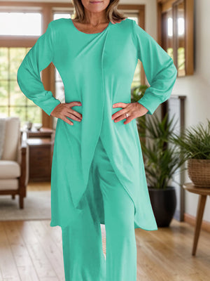 Turquoise draped overlay palazzo co-ord set with long sleeves and round neckline.