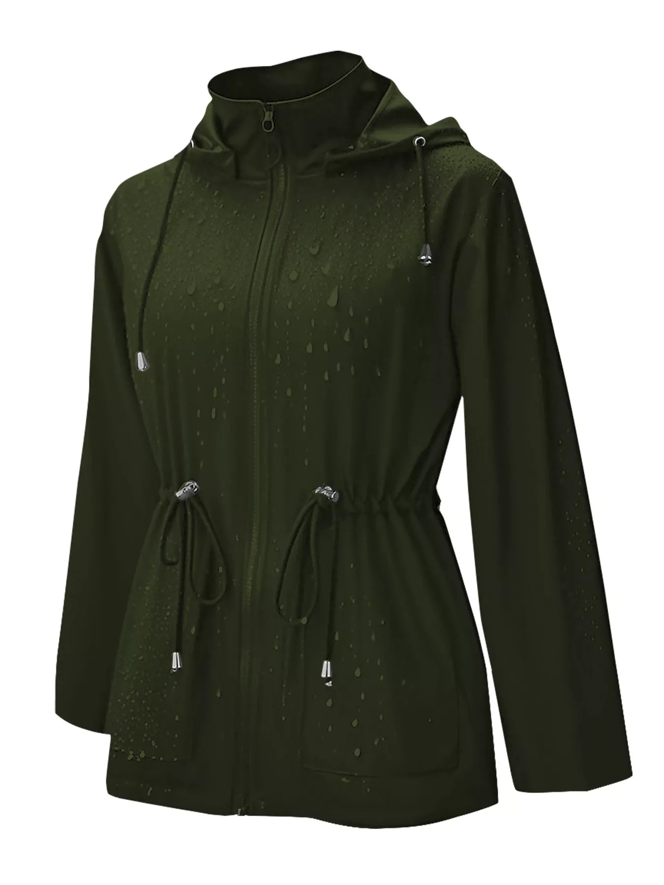 Waterproof hooded zip-up jacket in military green with drawstring waist and hood