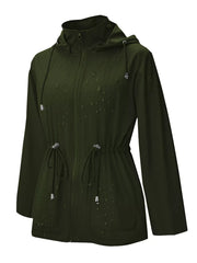 Waterproof hooded zip-up jacket in military green with drawstring waist and hood