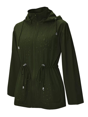 Waterproof hooded zip-up jacket in military green with drawstring waist and hood