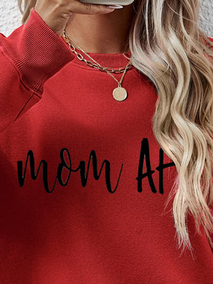 Deep Red graphic sweatshirt with black "mom AF" text, crewneck, and long sleeves.
