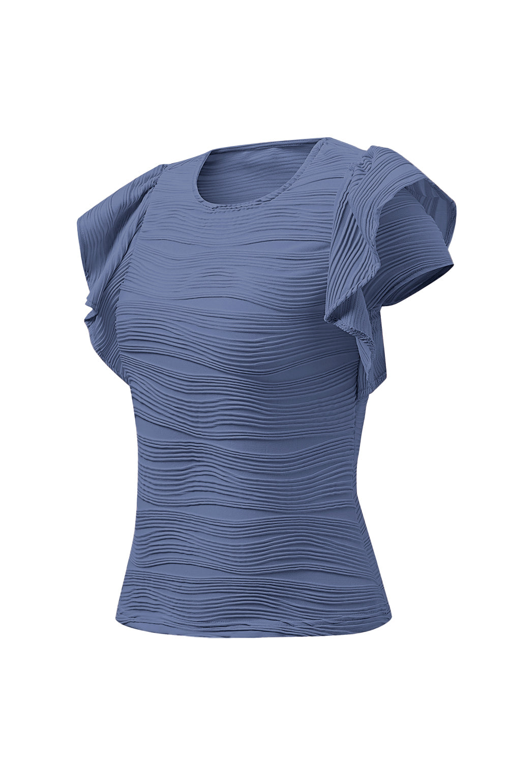 Textured ruffle sleeve bodysuit in Dusty Blue with a ribbed wave pattern.