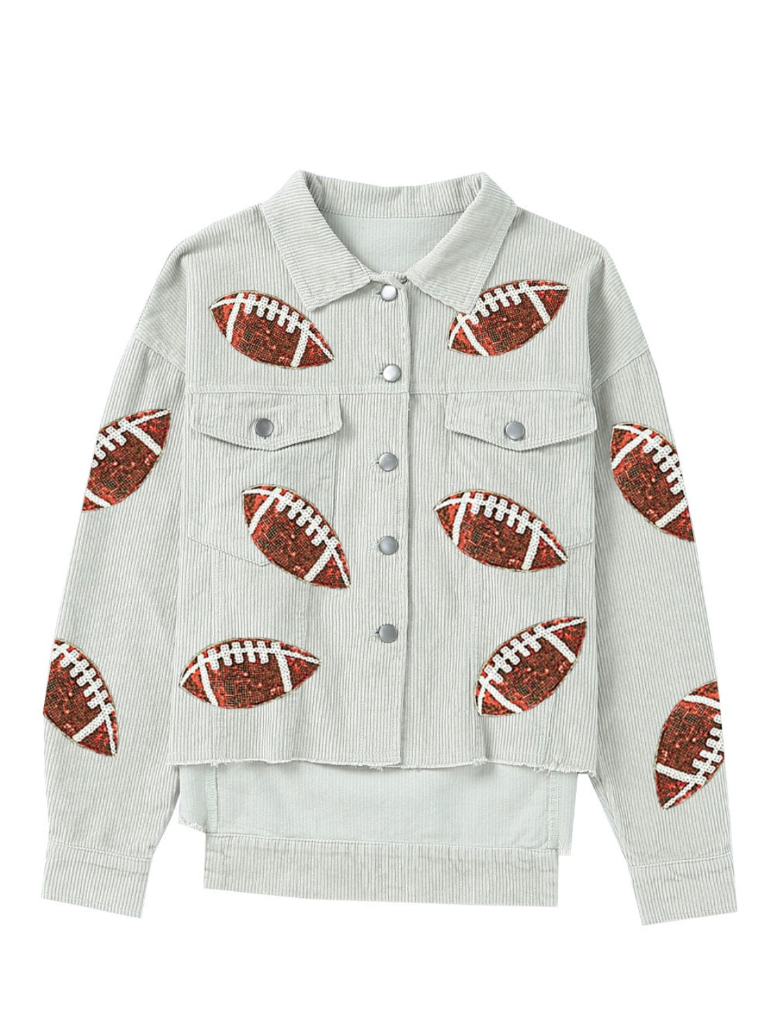 Sage corduroy overshirt with allover football embellishments.