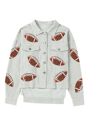 Sage corduroy overshirt with allover football embellishments.