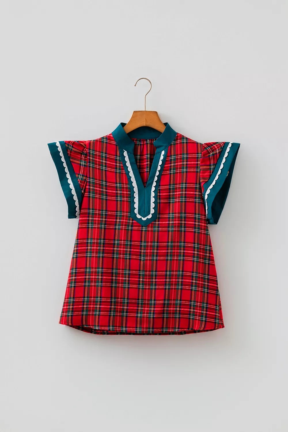 Plaid V Neck Short Sleeve Shift Blouse in Deep Red, close-up detail